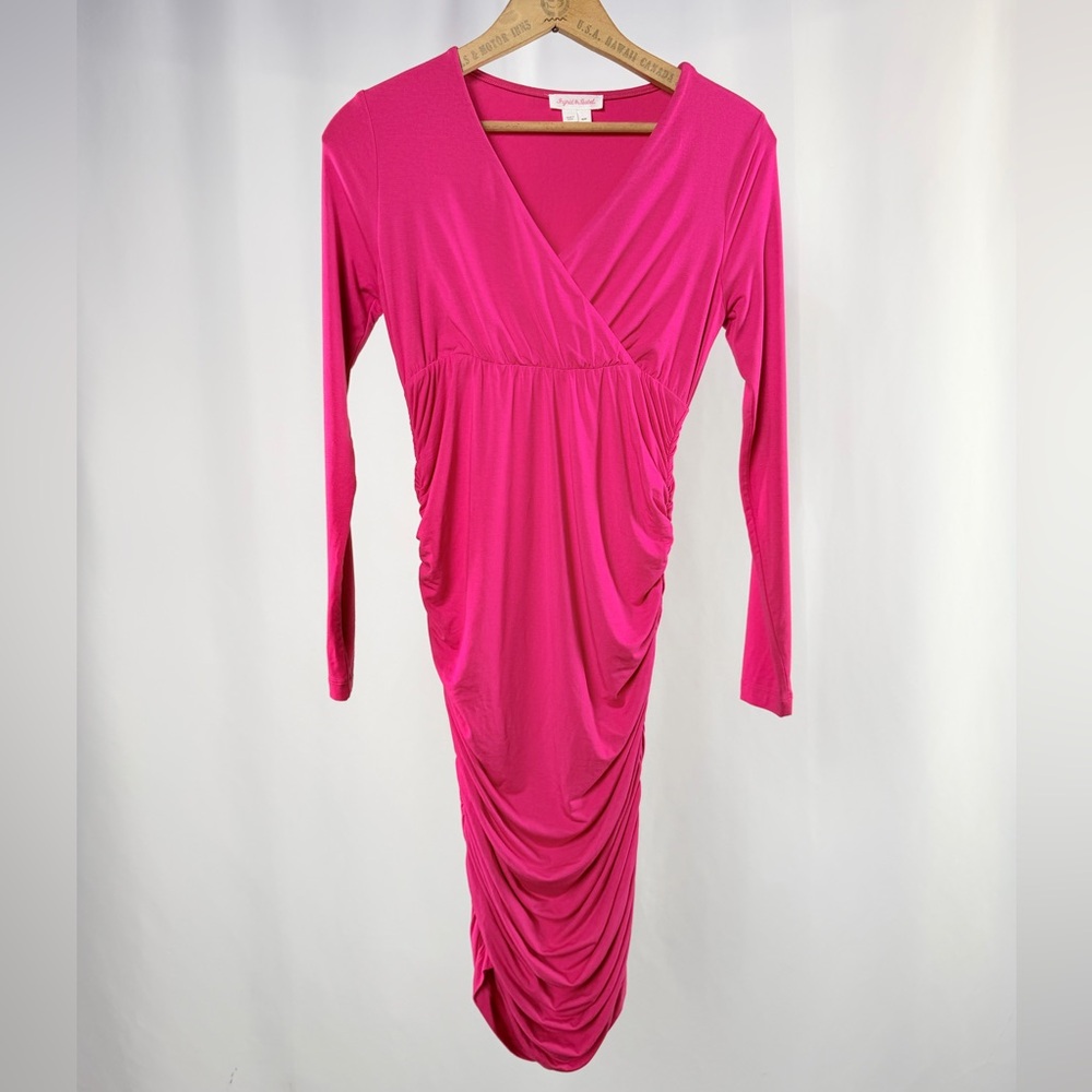 Ingrid & Isabel Long Sleeve Ruched Midi Dress in Fuchsia Pink Size‎ XS Maternity